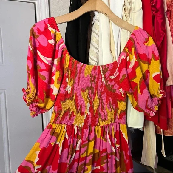 MISTER ZIMI pink yellow red brown camo print square neck smocked